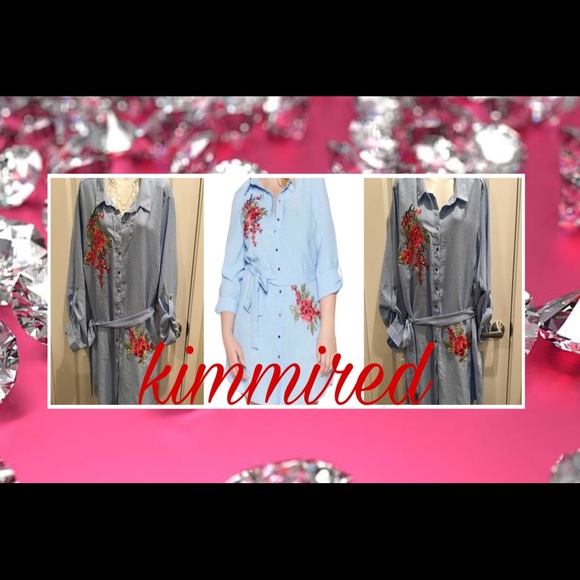 🆕Light Blue Rose Embroidered Shirt Dress~US20~NWT - Picture 2 of 4